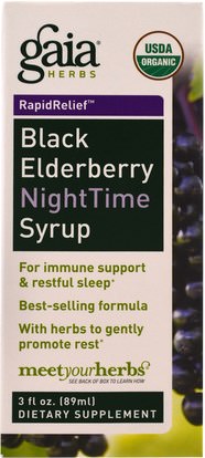 والصحة، والانفلونزا الباردة والفيروسية، ونظام المناعة Gaia Herbs, Black Elderberry NightTime Syrup, 3 fl oz (89 ml)