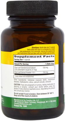 الصحة، إنفلونزا البرد، &، فيروسي، ورقة للنبات الزيتون Country Life, Olive Leaf Extract, 150 mg, 60 Veggie Caps