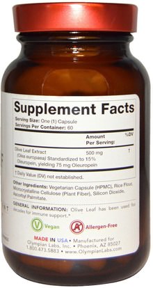 الصحة، الانفلونزا الباردة والفيروسية، أوراق الزيتون، جهاز المناعة Olympian Labs Inc., Olive Leaf Extract, 500 mg, 60 Veggie Caps
