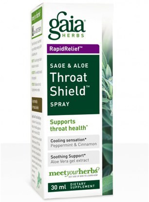 والصحة، والانفلونزا الباردة والفيروسية، ورذاذ الرعاية الحلق Gaia Herbs, Throat Shield Spray, Sage & Aloe, 30 ml