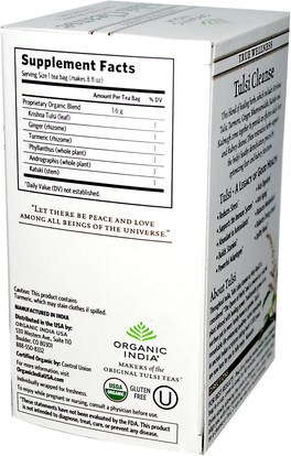 الصحة، السموم، الشاي العشبية، تولسي الشاي Organic India, Tulsi Cleanse Tea, Caffeine-Free, 18 Infusion Bags, 1.02 oz (28.8 g)