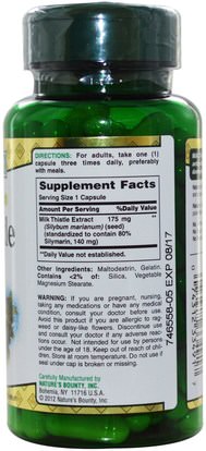 الصحة، السموم، الحليب الشوك (سيليمارين) Natures Bounty, Milk Thistle, 175 mg, 100 Capsules