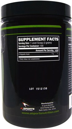 الصحة، الطاقة، المكملات الغذائية، الأحماض الأمينية، l حمض الأسبارتيك AI Sports Nutrition, D-Aspartic Acid, 0.66 lbs (300 g)