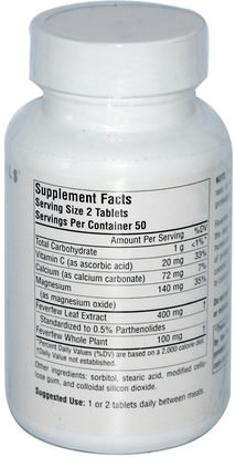 الصحة، الصداع، الأعشاب، حمى Source Naturals, Feverfew Extract, 100 Tablets