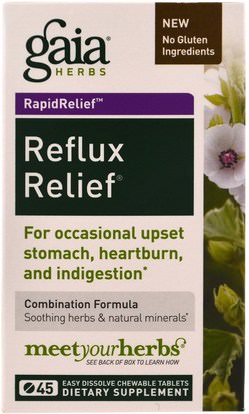 الصحة، حرقة و جيرد، حرقة Gaia Herbs, Reflux Relief, 45 Easy Dissolve Chewable Tablets