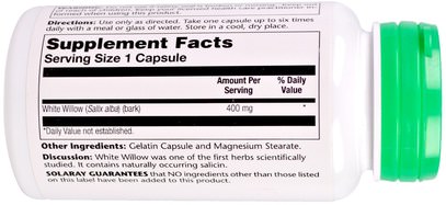الصحة، إلتهاب، أبيض، الصفصاف، أنبح Solaray, White Willow Bark, 400 mg, 100 Easy-To-Swallow Capsules