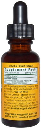 الصحة، الرئة و الشعب الهوائية، اللوبيليا Herb Pharm, Lobelia, 1 fl oz (30 ml)