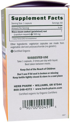 الصحة، الرجال، الببغاء، المكملات الغذائية، أدابتوغين Herb Pharm, Maca, 500 mg, 60 Veggie Caps