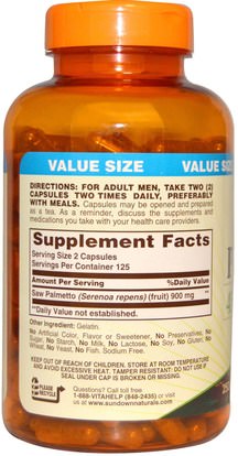 الصحة، الرجال Sundown Naturals, Saw Palmetto, 450 mg, 250 Capsules