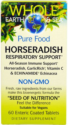 الصحة، صحة الأنف، الفجل، دعم الجهاز التنفسي Natural Factors, Whole Earth & Sea, Pure Food Horseradish, 60 Enteric Coated Tablets