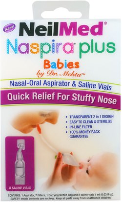 الصحة، صحة الأنف، بخاخ الأنف، الأنف NeilMed, Naspira Plus, Nasal-Oral Aspirator & Saline Vials, Babies, 1 Kit