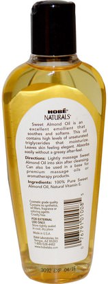 الصحة، الجلد، زيت اللوز موضعي، زيت التدليك Hobe Labs, Naturals, Sweet Almond Oil, 4 fl oz (118 ml)