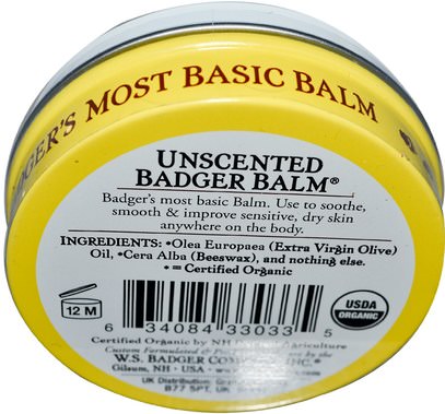 والصحة، والعناية بالبشرة Badger Company, Badger Balm, For Sensitive Dry Skin, Unscented, 2 oz (56 g)
