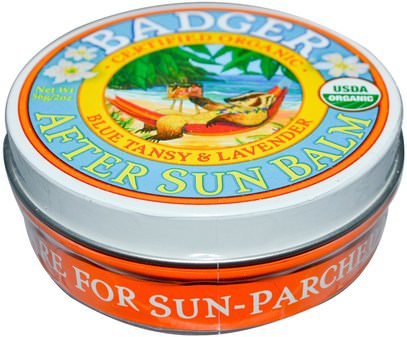 الصحة، العناية بالبشرة، الجمال، العناية بالوجه، حروق الشمس حماية الشمس Badger Company, Organic, After Sun Balm, Blue Tansy & Lavender, 2 oz (56 g)