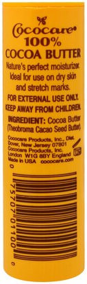 والصحة، والجلد، زبدة الكاكاو، وتمتد علامات ندبات Cococare, 100% Cocoa Butter, The Yellow Stick, 1 oz (28 g)