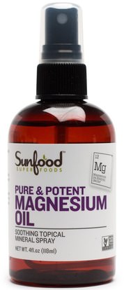 والصحة، والجلد، وزيت التدليك، ومكافحة الألم Sunfood, Pure & Potent Magnesium Oil, 4 fl oz (118 ml)