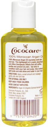 الصحة، الجلد، زيت التدليك، حمام، الجمال، الشعر، فروة الرأس Cococare, 100% Natural Moroccan Argan Oil, 2 fl oz (60 ml)