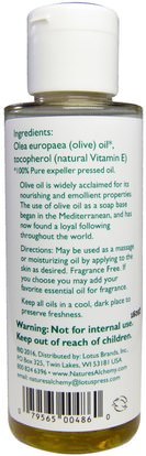 الصحة، الجلد، زيت التدليك Natures Alchemy, Extra Virgin Olive Oil, With Vitamin E, 4 fl oz (118 ml)