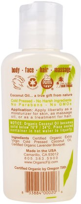 الصحة، الجلد، زيت التدليك Organic Fiji, Organic Raw Oil, Cold Pressed Coconut Oil, Lavender, 3 oz (89 ml)