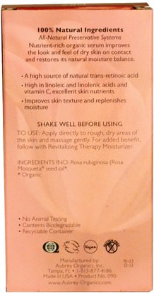 الصحة، الجلد المصل، الجمال، العناية بالوجه، نوع الجلد الطبيعي لتجف الجلد Aubrey Organics, Revitalizing Therapy Serum, Intensive Antioxidant, Dry Skin.33 fl oz (10 ml)