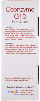 الصحة، مصل الجلد، الجمال، حمض الهيالورونيك الجلد Hyalogic LLC, Coenzyme Q10 Face Serum.47 fl oz (13.5 ml)