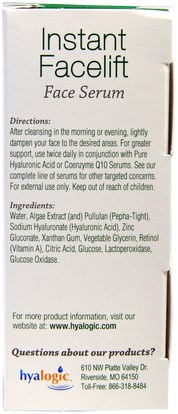 الصحة، مصل الجلد، الجمال، حمض الهيالورونيك الجلد Hyalogic LLC, Instant Facelift Serum, 1 fl oz (30 ml)