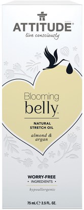 والصحة، والجلد، وتمتد علامات ندبات ATTITUDE, Blooming Belly, Natural Stretch Oil, Almond & Argan, 2.5 fl oz (75 ml)