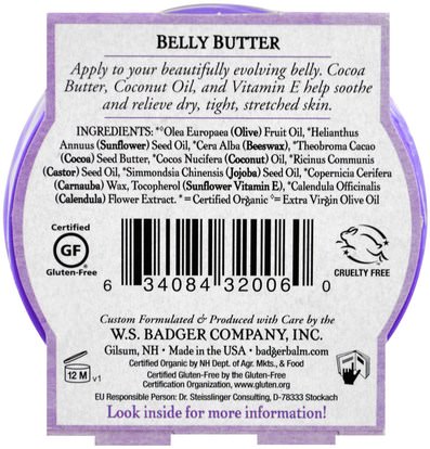 والصحة، والجلد، وتمتد علامات ندوب، حمام، الجمال، العناية بالجسم Badger Company, Organic Belly Butter, Cocoa Butter & Calendula, 2 oz (56 g)