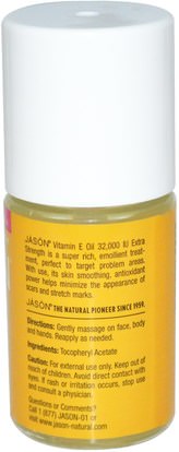 الصحة، الجلد، فيتامين e كريم النفط، زيت التدليك Jason Natural, Extra Strength, Vitamin E Skin Oil, 32,000 I.U., 1 fl oz (30 ml)