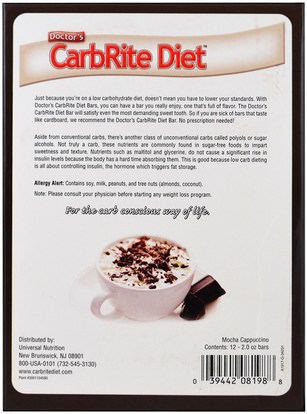 والصحة، والرياضة، والحانات البروتين Universal Nutrition, Doctors CarbRite Diet, Mocha Cappuccino, 12 Bars, 2.00 oz (56.7 g)