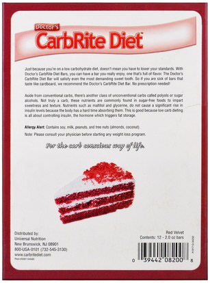 والصحة، والرياضة، والحانات البروتين Universal Nutrition, Doctors CarbRite Diet, Red Velvet, 12 Bars, 2.00 oz (56.7 g) Each