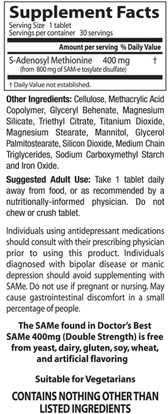 الصحة، تعاطي المخدرات، الإدمان، سام-e (s-أدينوسيل ميثيونين)، سام-e 400 ملغ Doctors Best, SAM-e, 400 mg, Double-Strength, 30 Enteric Coated Tablets