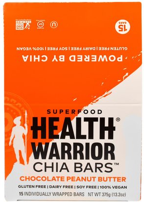 Health Warrior, Inc., Chia Bars, Chocolate Peanut Butter, 15 Bars, 13.2 oz (375 g) ,الطعام، الوجبات الخفيفة، الوجبات الصحية الصحية، المكملات الغذائية، الحانات الغذائية