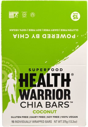 Health Warrior, Inc., Chia Bars, Coconut, 15 Bars, 13.2 oz (375 g) ,الطعام، الوجبات الخفيفة، الوجبات الصحية الصحية، المكملات الغذائية، الحانات الغذائية