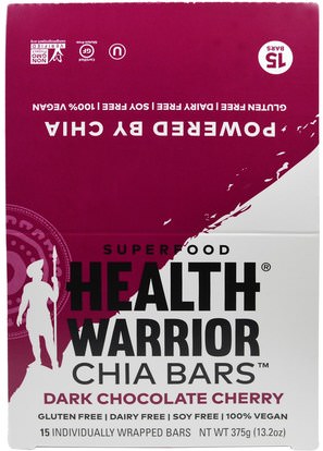 Health Warrior, Inc., Chia Bars, Dark Chocolate Cherry, 15 Bars, 13.2 oz (375 g) ,المكملات الغذائية، الحانات الغذائية، إيفا أوميجا 3 6 9 (إيبا دا)، بذور شيا