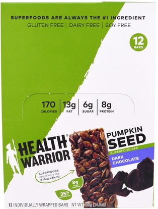 Health Warrior, Inc., Pumpkin Seed Superfood Bar, Dark Chocolate, 12 Bars, 1.23 oz (35 g) Each ,الطعام، الوجبات الخفيفة، الوجبات الصحية الصحية، المكملات الغذائية، الحانات الغذائية