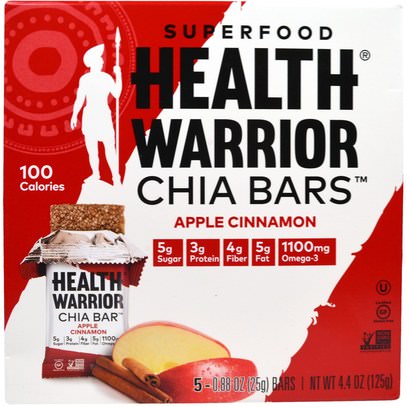 Health Warrior, Inc., Superfood Chia Bars, Apple Cinnamon, 5 Bars, 0.88 oz (25 g) Each ,الطعام، الوجبات الخفيفة، الوجبات الصحية الصحية، المكملات الغذائية، الحانات الغذائية