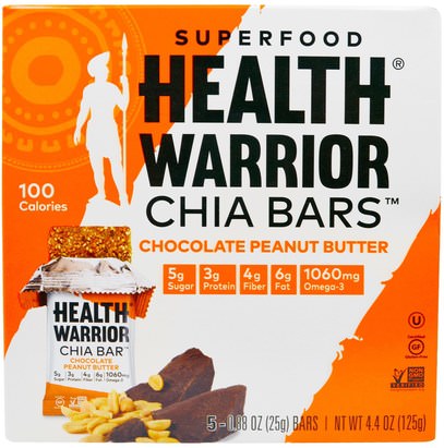 Health Warrior, Inc., Superfood Chia Bars, Chocolate Peanut Butter, 5 Bars, 0.88 oz (25 g) Each ,الطعام، الوجبات الخفيفة، الوجبات الصحية الصحية، المكملات الغذائية، الحانات الغذائية
