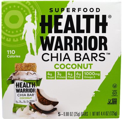 Health Warrior, Inc., Superfood Chia Bars, Coconut, 5 Bars, 0.88 oz (25 g) ,الطعام، الوجبات الخفيفة، الوجبات الصحية الصحية، المكملات الغذائية، الحانات الغذائية