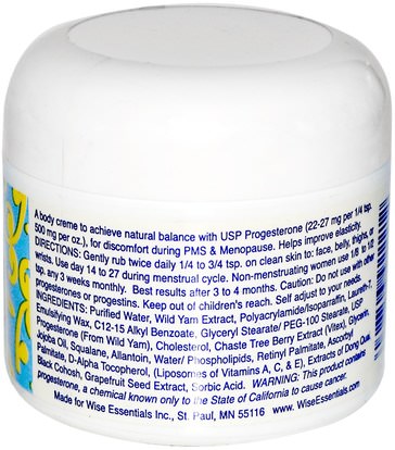 والصحة، والنساء، ومنتجات كريم البروجسترون، وانقطاع الطمث Wise Essentials, Wild Yam Progesterone, 2 oz (56.7 g)