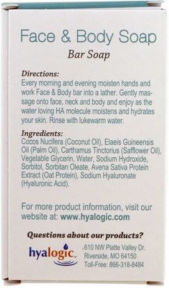 الصحة، المرأة، الجلد، الجمال، حب الشباب المنتجات الموضعية Hyalogic LLC, Face & Body Soap, With Hyaluronic Acid, 4 oz (113.4 g)