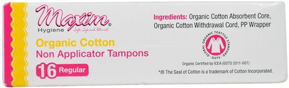 الصحة، نساء، المرأة Maxim Hygiene Products, Organic Cotton, Non Applicator Tampons, Regular, 16 Tampons