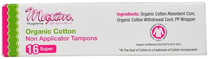 الصحة، نساء، المرأة Maxim Hygiene Products, Organic Cotton, Non Applicator Tampons, Super, 16 Tampons