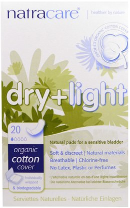 الصحة، نساء، المرأة Natracare, Dry + Light, Organic Cotton Cover, 20 Individually Wrapped Pads