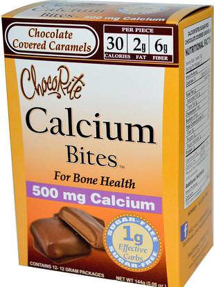 HealthSmart Foods, Inc., ChocoRite, Calcium Bites, Chocolate Covered Caramels, 12 Packages, 12 g Each ,والمنتجات الحساسة للحرارة، والمكملات الغذائية، والكالسيوم، والكالسيوم مضغ