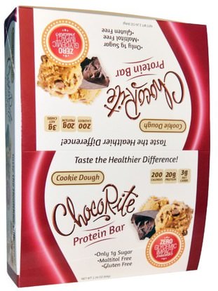 HealthSmart Foods, Inc., ChocoRite, Cookie Dough, Protein Bar, 12 Bars, 2.26 oz (64 g) Each ,والمنتجات الحساسة للحرارة، والرياضة، والحانات البروتين