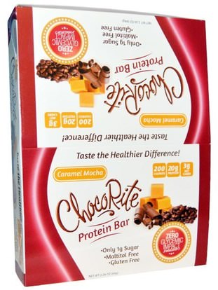 HealthSmart Foods, Inc., ChocoRite Protein Bar, Caramel Mocha, 12 Bars, 2.26 oz (64 g) Each ,والمنتجات الحساسة للحرارة، والرياضة، والحانات البروتين