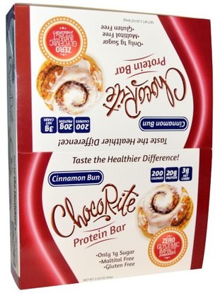 HealthSmart Foods, Inc., ChocoRite Protein Bar, Cinnamon Bun, 12 Bars, 2.26 oz (64 g) Each ,والمنتجات الحساسة للحرارة، والرياضة، والحانات البروتين