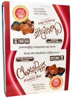 HealthSmart Foods, Inc., ChocoRite Protein Bar, Double Chocolate Extreme, 12 Bars, 2.26 oz (64 g) Each ,والمنتجات الحساسة للحرارة، والرياضة، والحانات البروتين