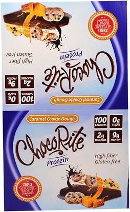 HealthSmart Foods, Inc., ChocoRite Protein Bars, Caramel Cookie Dough, 16 Bars, 1.20 oz (34 g) Each ,والمكملات الغذائية، والحانات الغذائية، والرياضة